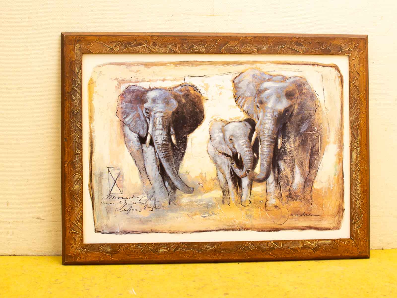 Heartwarming painting of a family of elephants in a serene natural setting.