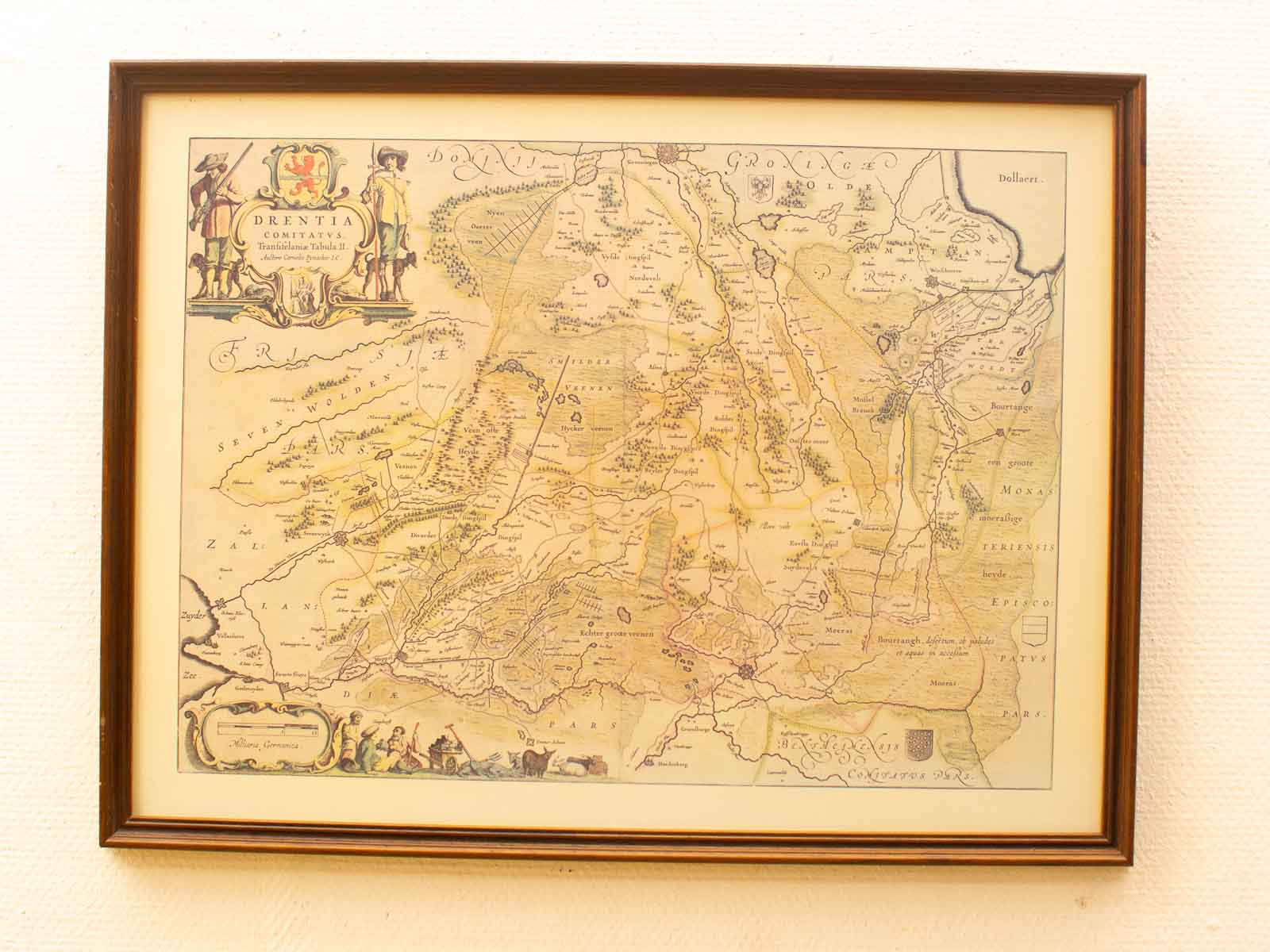 Framed vintage map of Drenthe, showcasing its historical landscape and cartographic artistry.