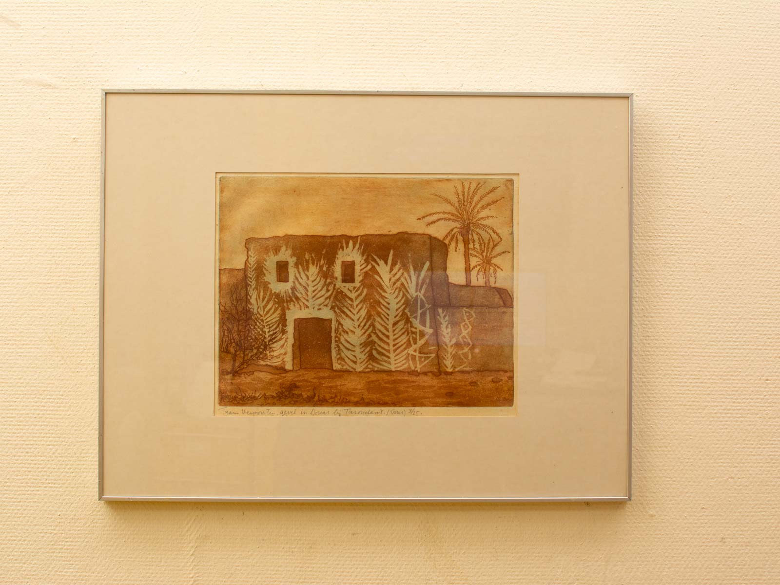 Charming adobe architecture with palm trees in serene desert landscape painting.