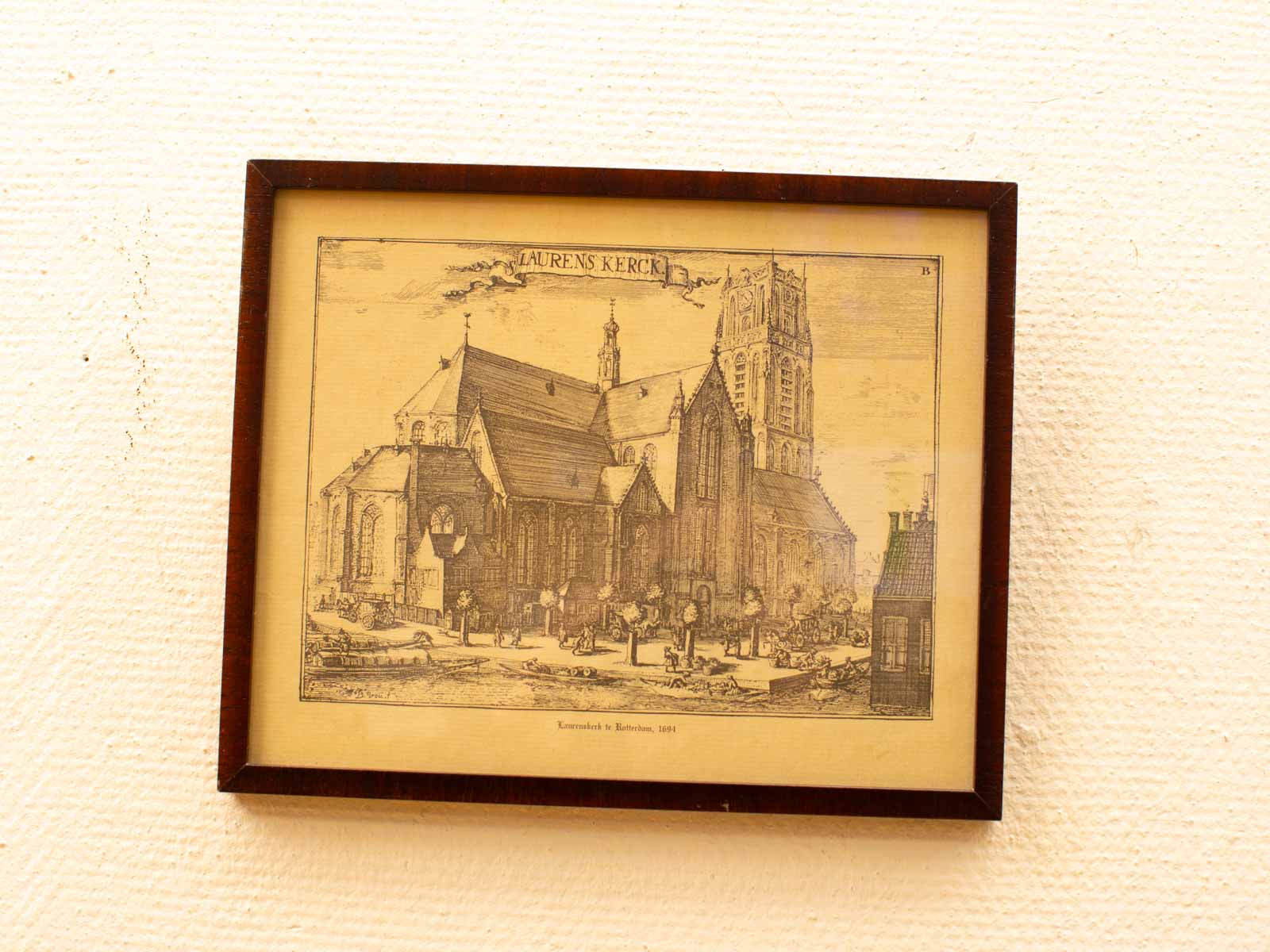 Antique illustration of Laurenskerk highlighting community life and intricate Gothic architecture.