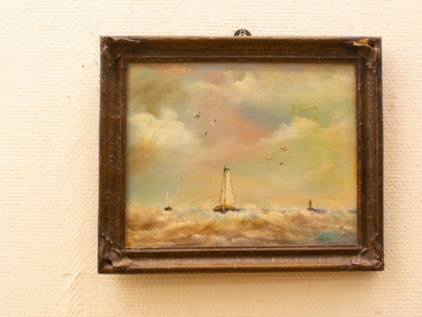 Peaceful oil painting of vintage sailboats on gentle waves, ideal for tranquil home decor.